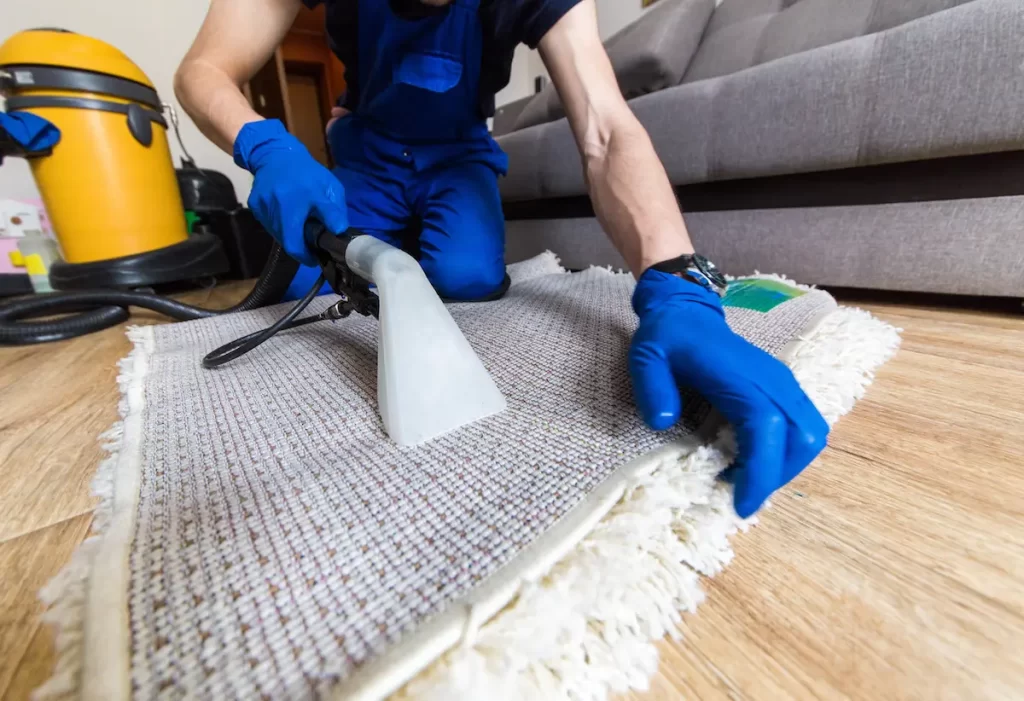 Man cleaning a carpet with a wand and a portable extractor.