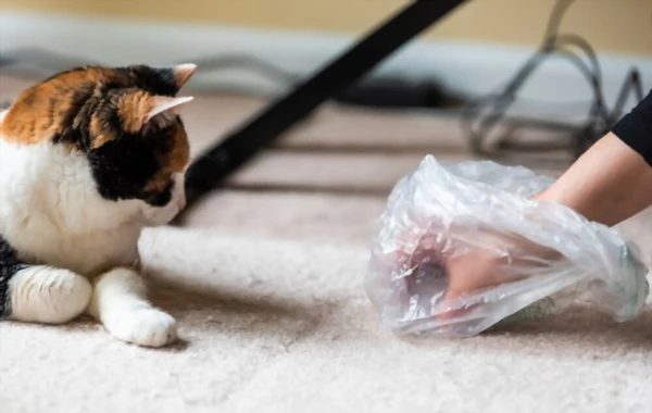 Cat looking at a hand reaching under furniture with a plastic bag.