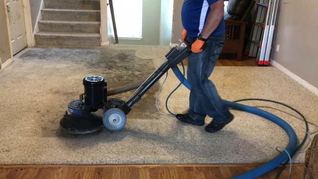 Dirty carpet being cleaned with a powerful rotary machine.